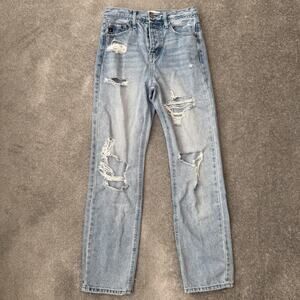 KanCan Jeans Womens 3/25 Distressed High Rise Straight Leg Denim Pants Blue